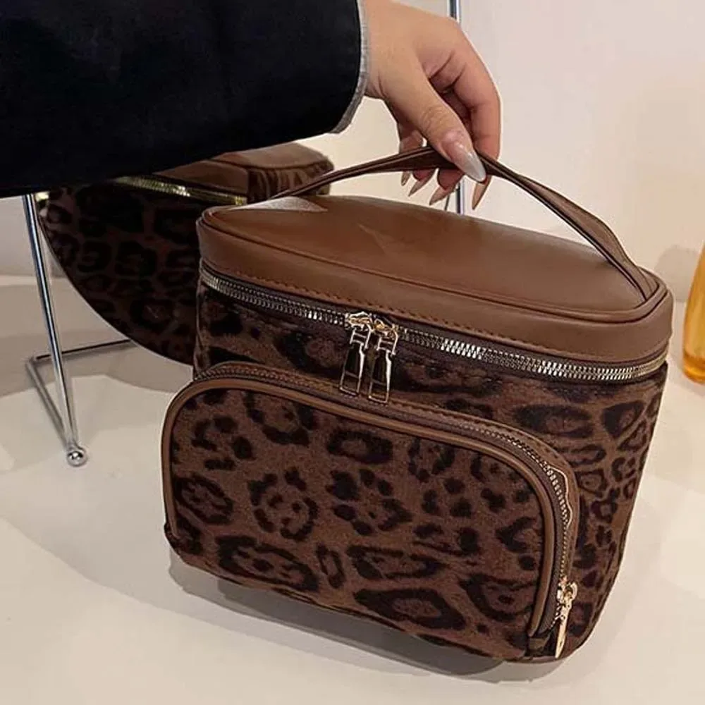 sac à main imprimé léopard, trousse à cosmétiques, pochette en cuir de grande capacité pour trousse de maquillage, pochette de maquillage en polyester épais, sac de salle de bain