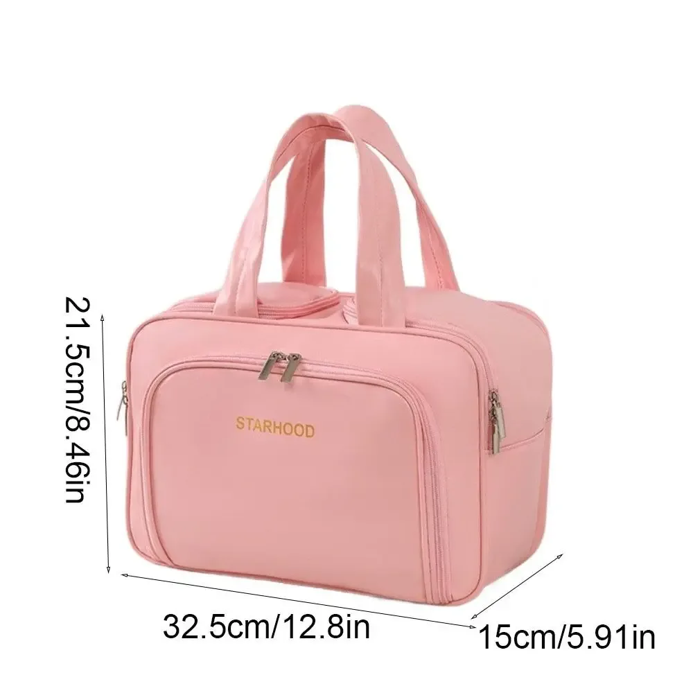 trousse de toilette de voyage de grande capacité, organisateur de maquillage léger en pu, plusieurs compartiments, poignée, mallette de rangement de voyage, salle de bain