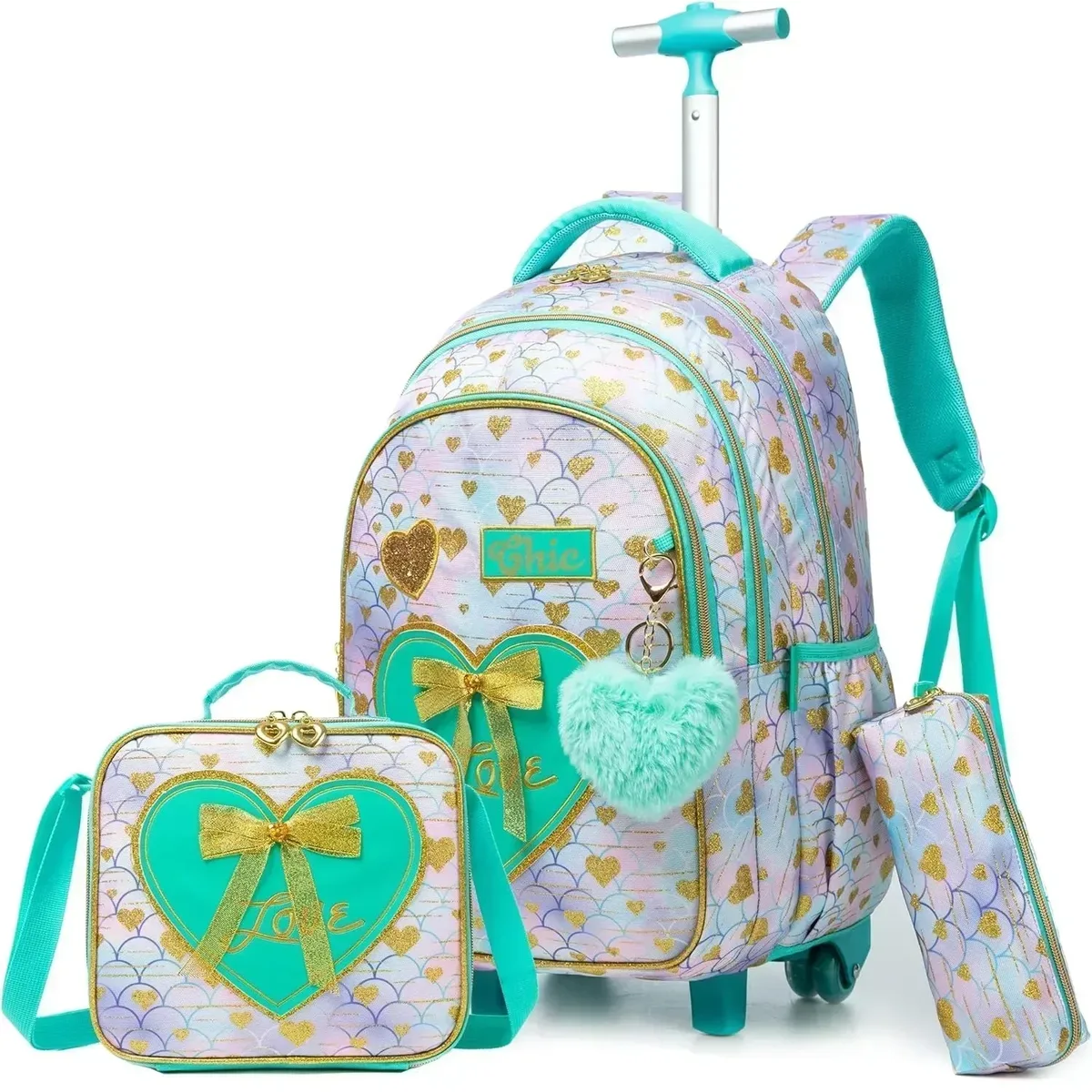 ensemble de sac à dos à roulettes pour enfants avec boîte à lunch, sac à dos scolaire à roulettes, sac à dos trolley pour filles