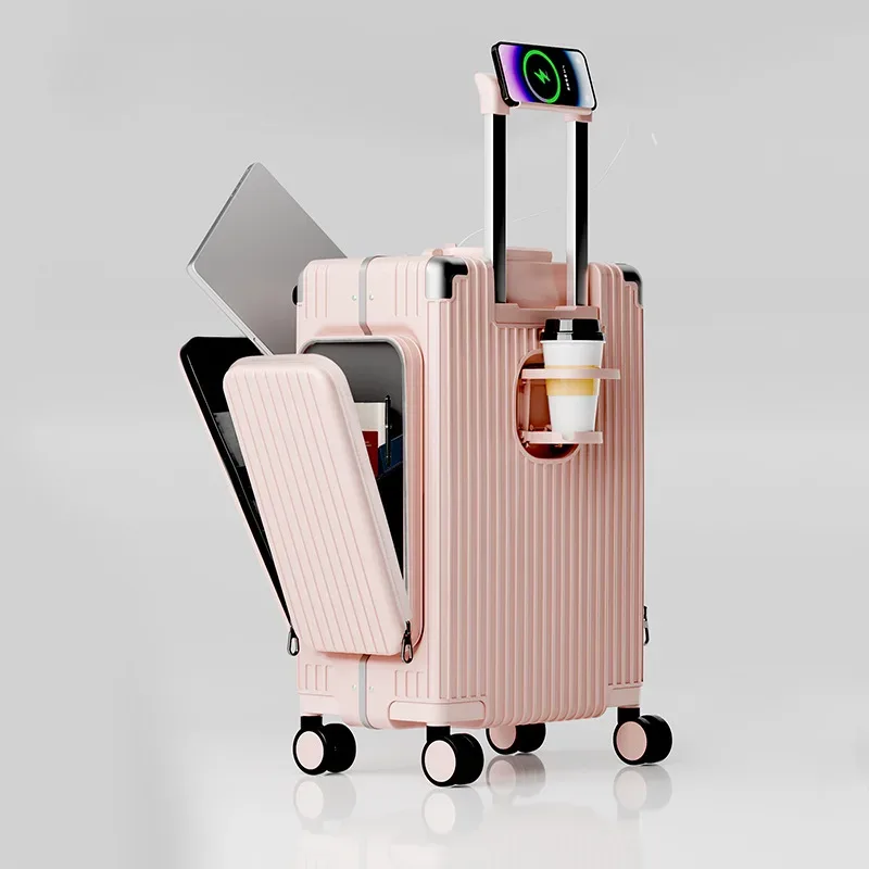 valise multifonctionnelle à ouverture frontale à trois ouvertures, nouveau style, matériau pc de 20 pouces avec poches doubles latérales, tra de grande capacité