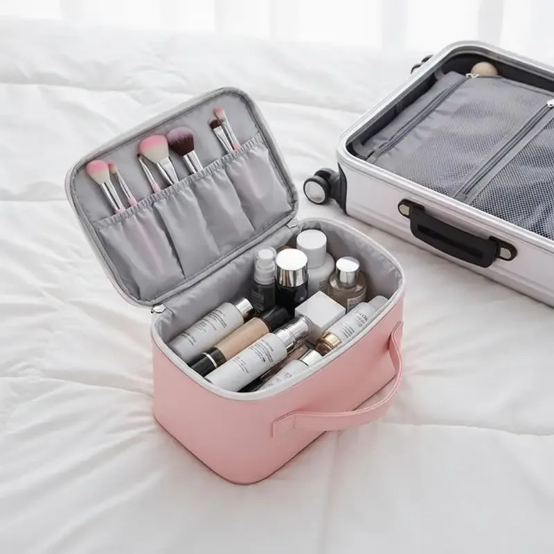 sac de maquillage portable en pu avec fermeture éclair, organiseur de produits de soin de la peau pour voyage, sac cosmétique grande capacité pour le lavage des cosmétiques