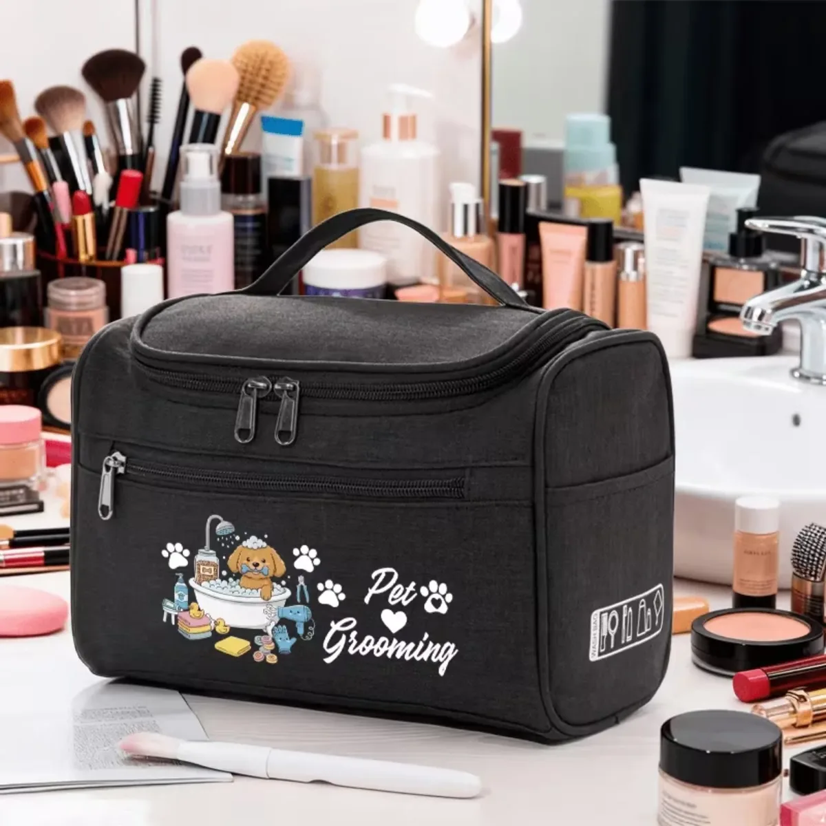 sac de voyage pour toilettage des animaux, organisateur d'accessoires pour animaux de compagnie avec motif de bain de chien mignon, pochette suspendue portable pour accessoires de toilettage