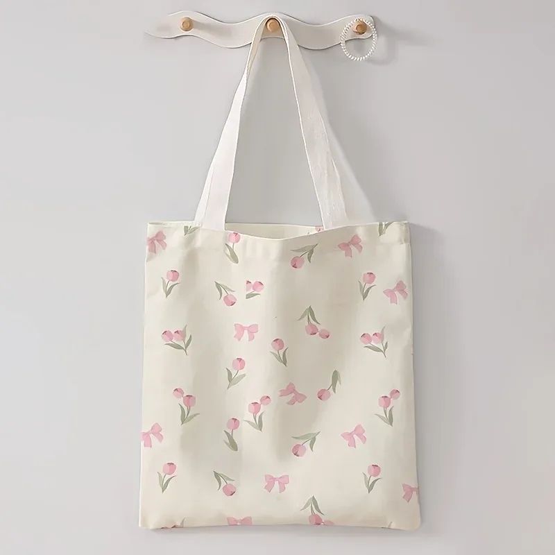 sac à main décontracté imprimé tulipe, sac à dos réutilisable à la mode, sac à main multifonctionnel, sac de shopping en toile