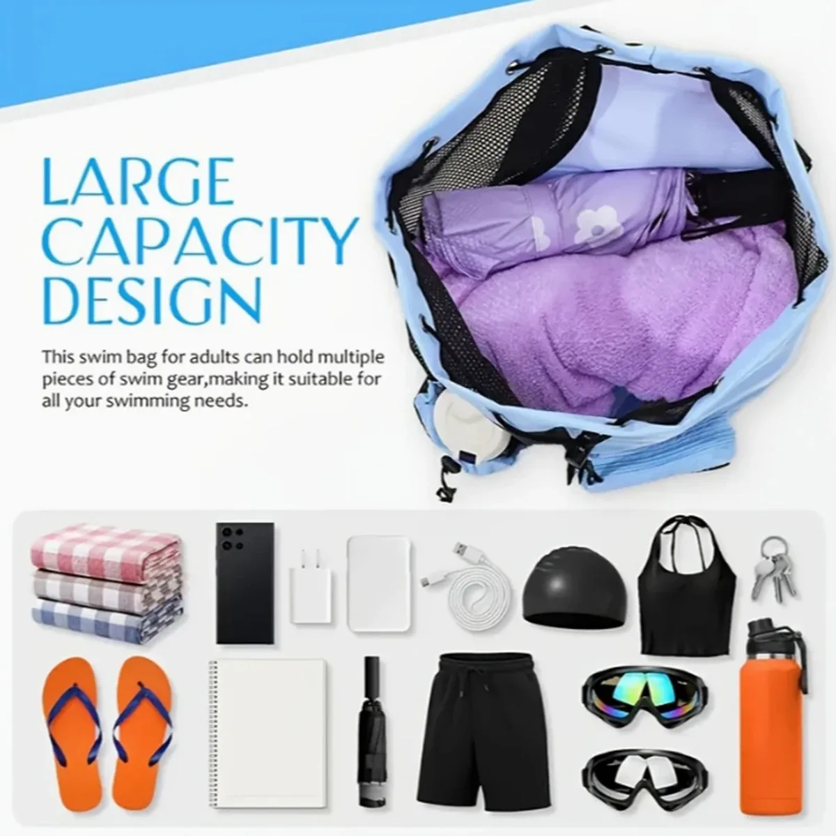 sac à dos de plage extérieur, sac de natation, sac à dos en filet perforé avec cordon de serrage et sac étanche, sac de rangement pour gym, yoga et exercices, 1 ensemble
