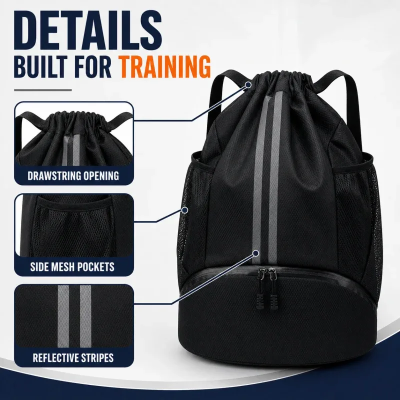 sac à dos de basketball avec cordon de serrage et compartiment à chaussures, sac de sport à séparation humide/sec pour la natation, l'entraînement et le fitness