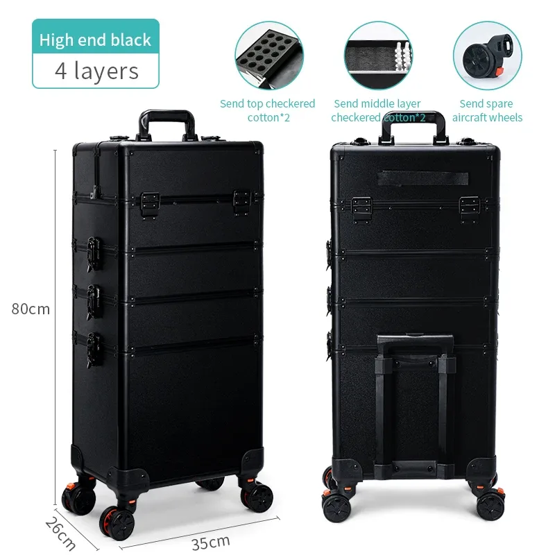 trousse de maquillage professionnelle 4 en 1, étui à cosmétiques roulant en aluminium sur roulettes, organisateur de maquillage d'artiste, rangement avec plateaux