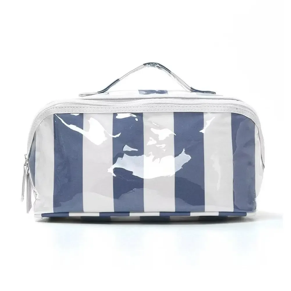 sac de maquillage imperméable en pvc, double fermeture éclair, sac de rangement cosmétique à rayures en damier, sac de toilette de voyage grande capacité