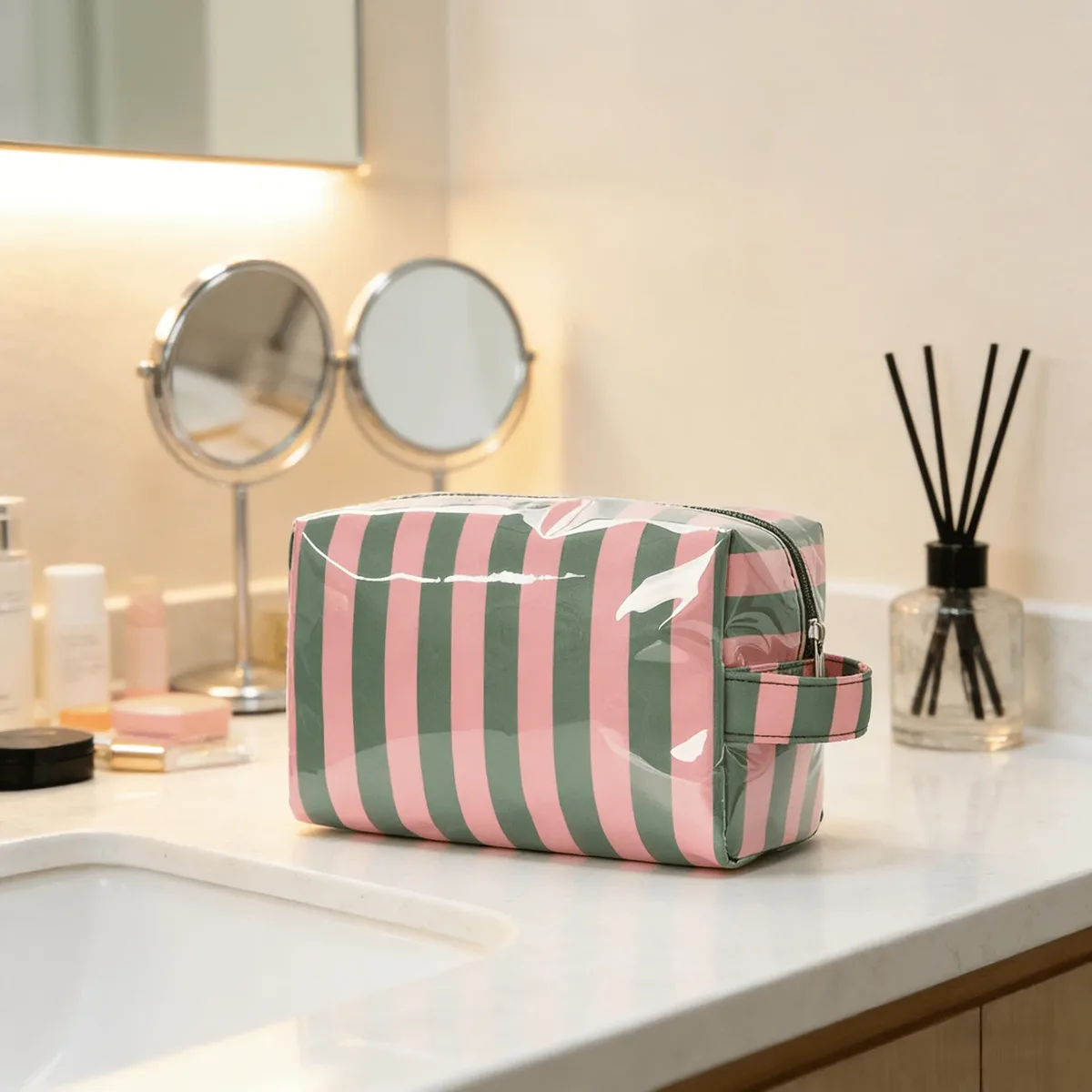 sac de maquillage élégant à rayures roses, sac de voyage portable de grande capacité, sac de rangement pour rouge à lèvres, sac à main, sac cosmétique, trousse de toilette, cadeaux pour filles