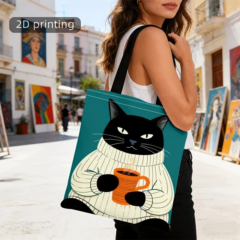 sac fourre-tout en toile avec motif de chat noir amusant et tasse à café, chat de dessin animé en pull, sac à main réutilisable pour femmes, grand sac de shopping à bandoulière.
