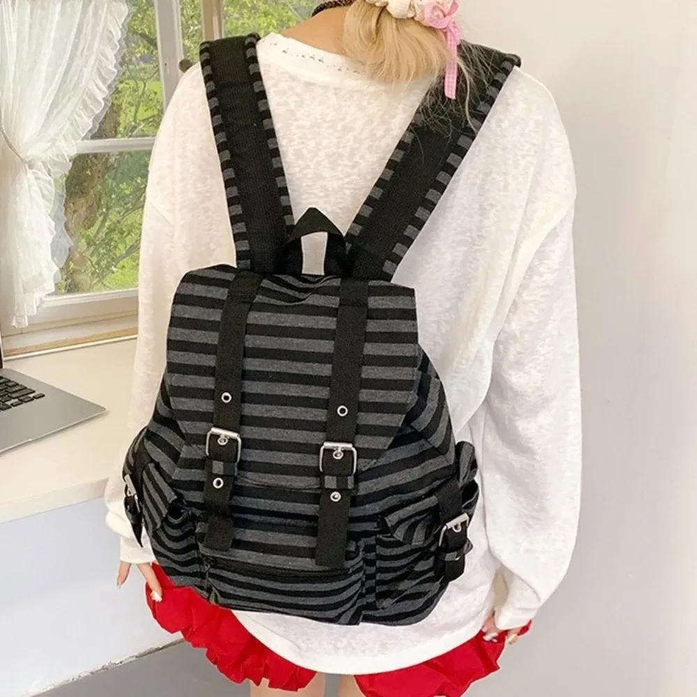 sac à dos décontracté à grande capacité, rayé, style coréen, multi-poches, sac d'école pour étudiants, nylon, y2k, sac de randonnée et de camping pour femmes