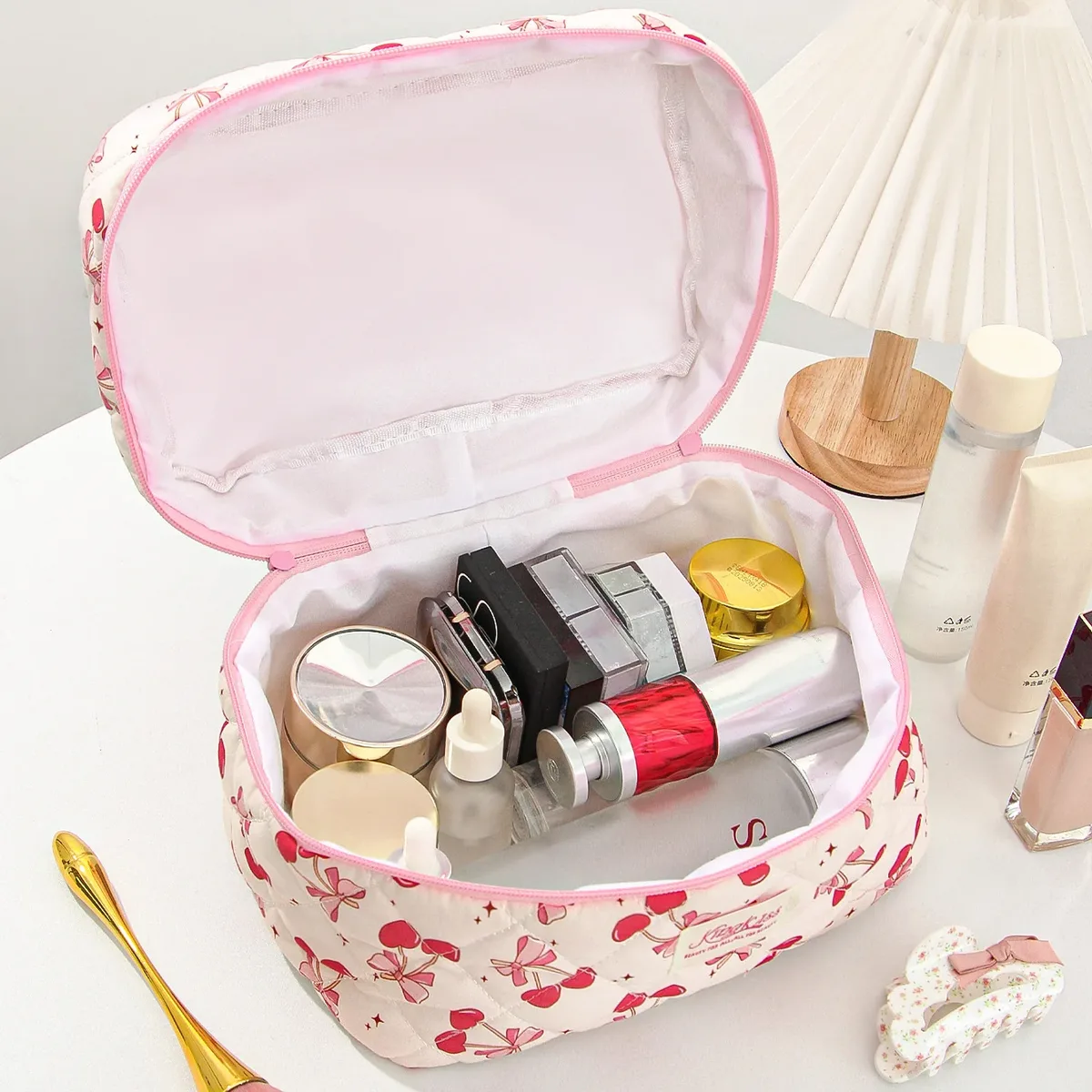 cutecherry trousse de maquillage organisateur de cosmétiques de mode avec fermeture éclair pochette de maquillage de dame de mode pochette de toilette de voyage portable pour les femmes
