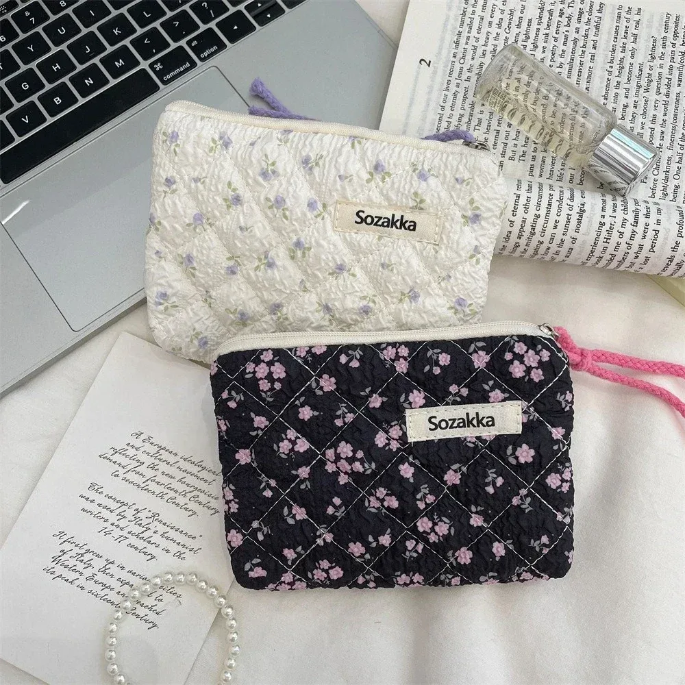 sac de maquillage imprimé en toile pour femmes, mignon, portable, style coréen, petits sacs à cosmétiques, étui de rangement de voyage, trousse de toilette