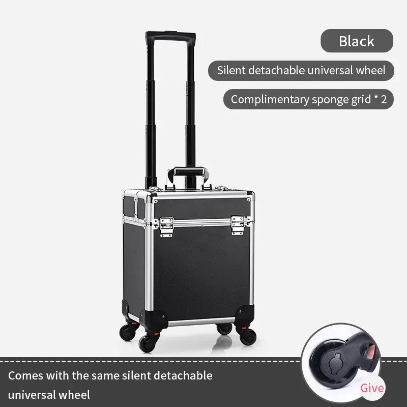 trousse de maquillage à roulettes en aluminium de grande capacité avec plateaux, trousse à cosmétiques verrouillable, trousse de salon, fournitures n64