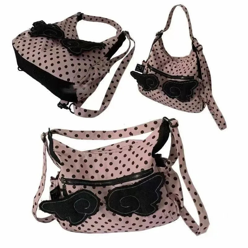 sac à bandoulière coréen à pois pour femmes, design ailes mignonnes, sac fourre-tout grande capacité, sac à dos tendance y2k pour les trajets quotidiens