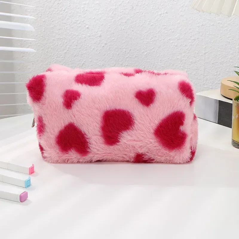 sac à cosmétiques d'amour mignon, trousse de toilette en peluche douce pour fille, rangement de voyage, pochette de rangement de maquillage, trousse à crayons pour étudiant