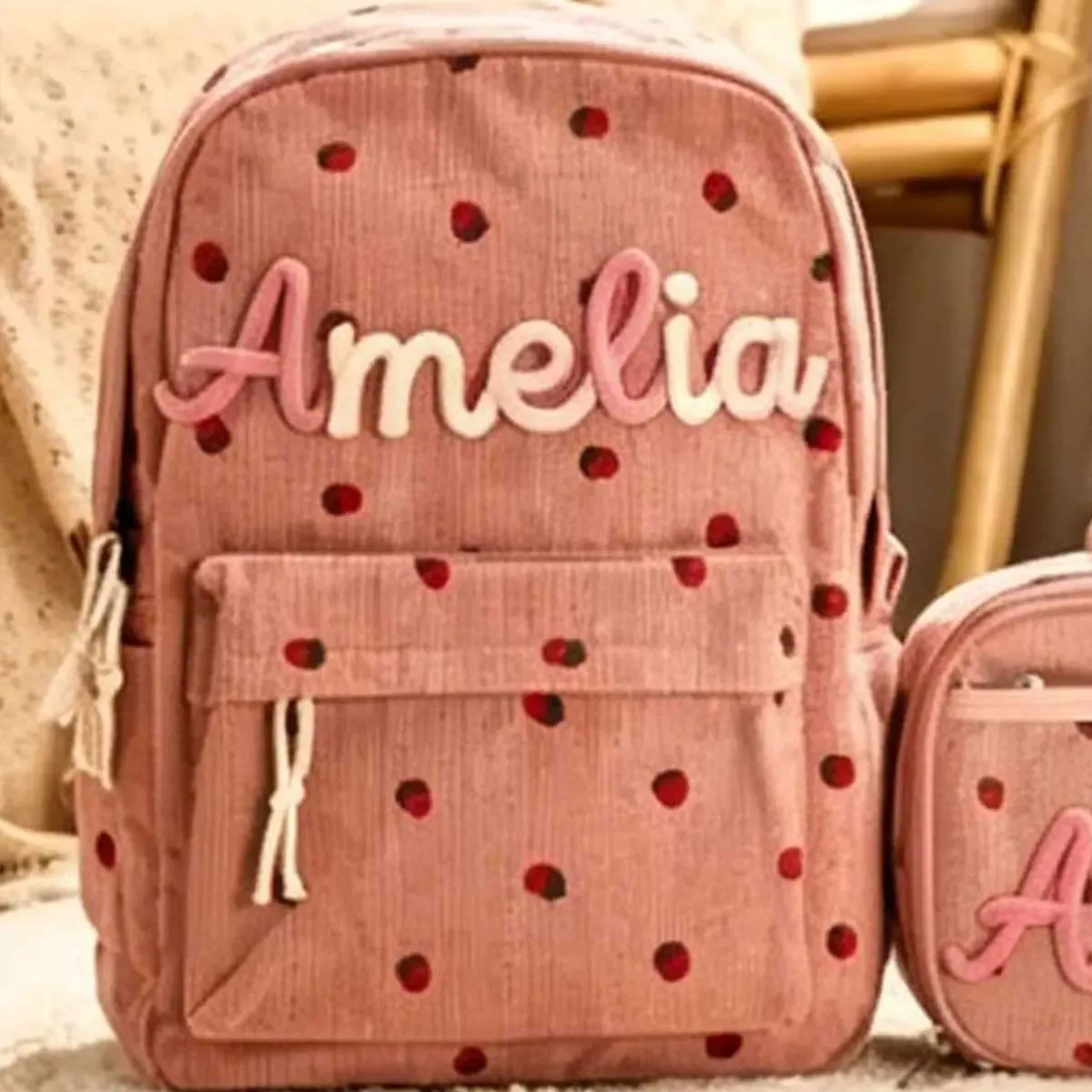 sac à dos personnalisé en velours côtelé, motif fraise/à carreaux, simple et spacieux, cadeau parfait pour la rentrée scolaire