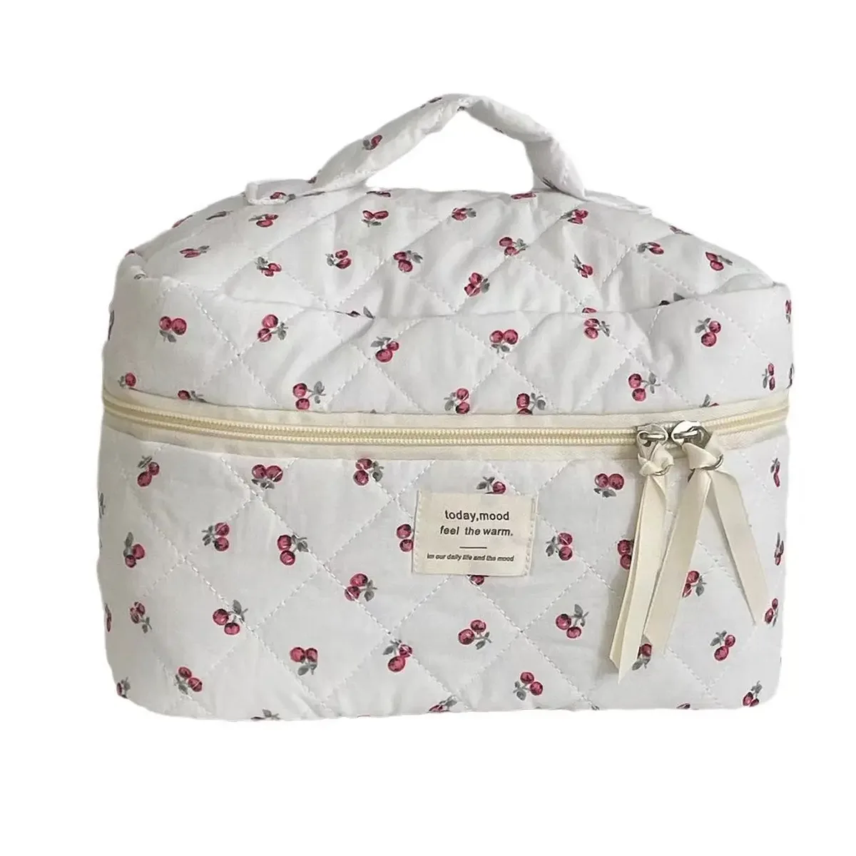 pochette de maquillage cherry pour femmes, sacs cosmétiques tendance, pochette de voyage portable et mignonne, sac à main en coton matelassé avec fermeture éclair