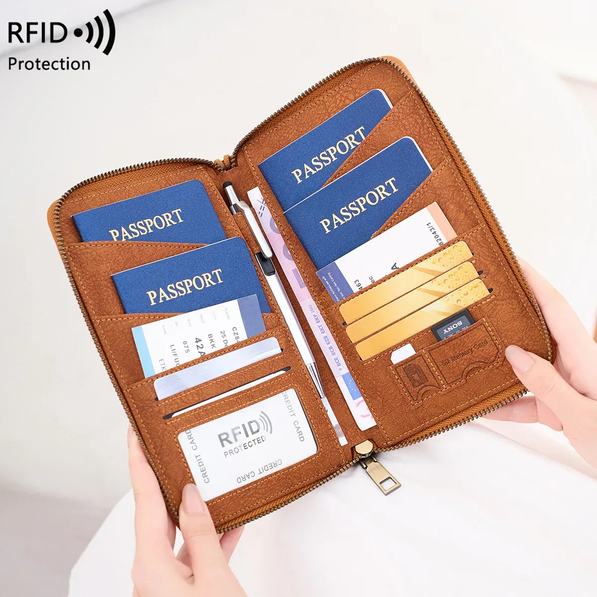 sac de passeport multifonctionnel bloquant rfid, porte-documents de voyage avec portefeuille de rangement de billets à longue fermeture éclair pour plusieurs passeports