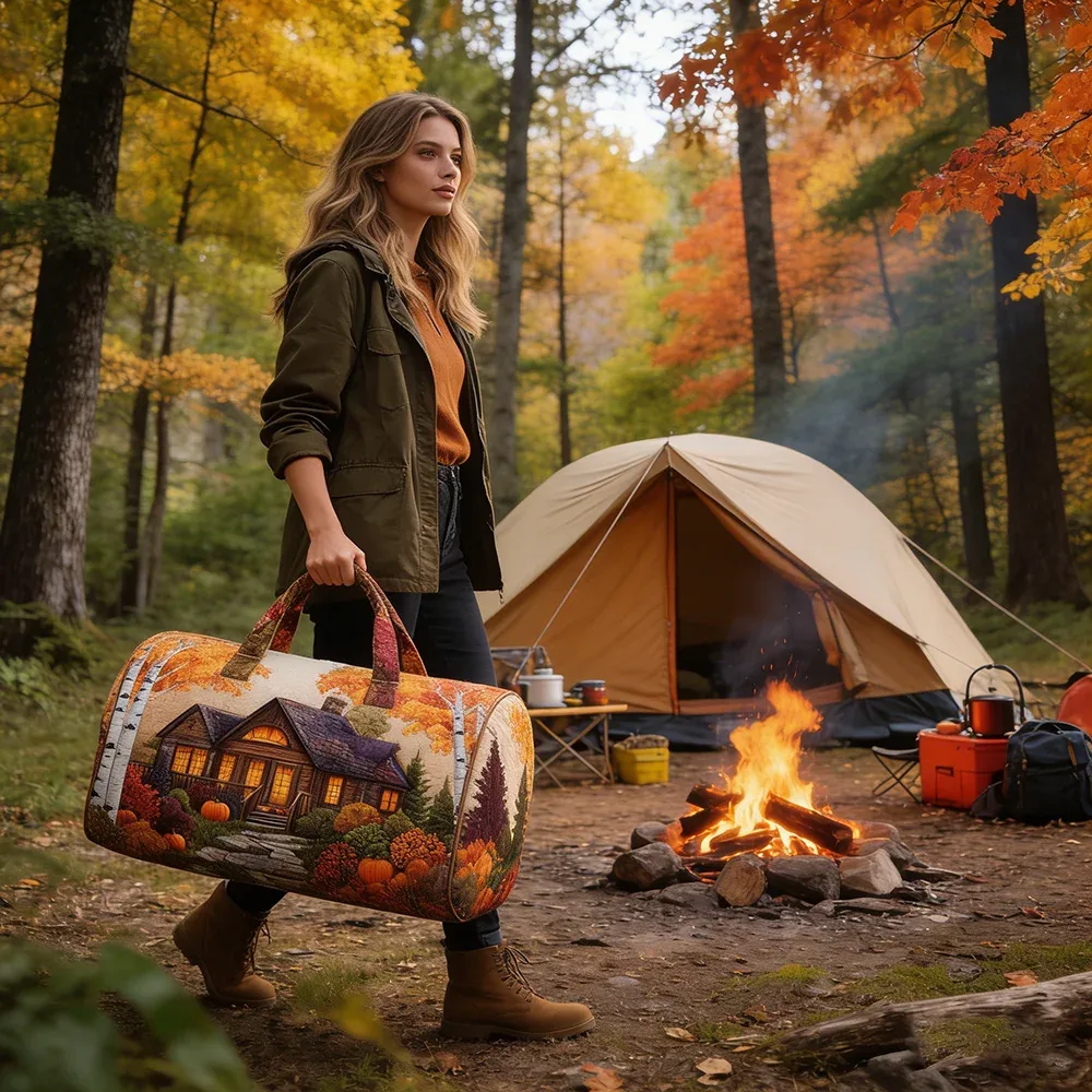 sac de voyage matelassé imprimé en 3d, fourre-tout de week-end, sac de sport, sac à main, motif cabane en montagne et forêt d'automne, paysage naturel vintage, pour femmes et hommes