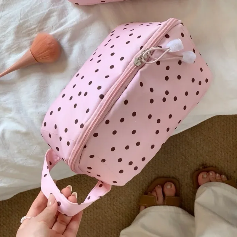 nouvelle trousse de maquillage coréenne à pois, grande capacité, sac à main portable pour femmes, organiseur de cosmétiques de voyage, sac de rangement, trousse de toilette