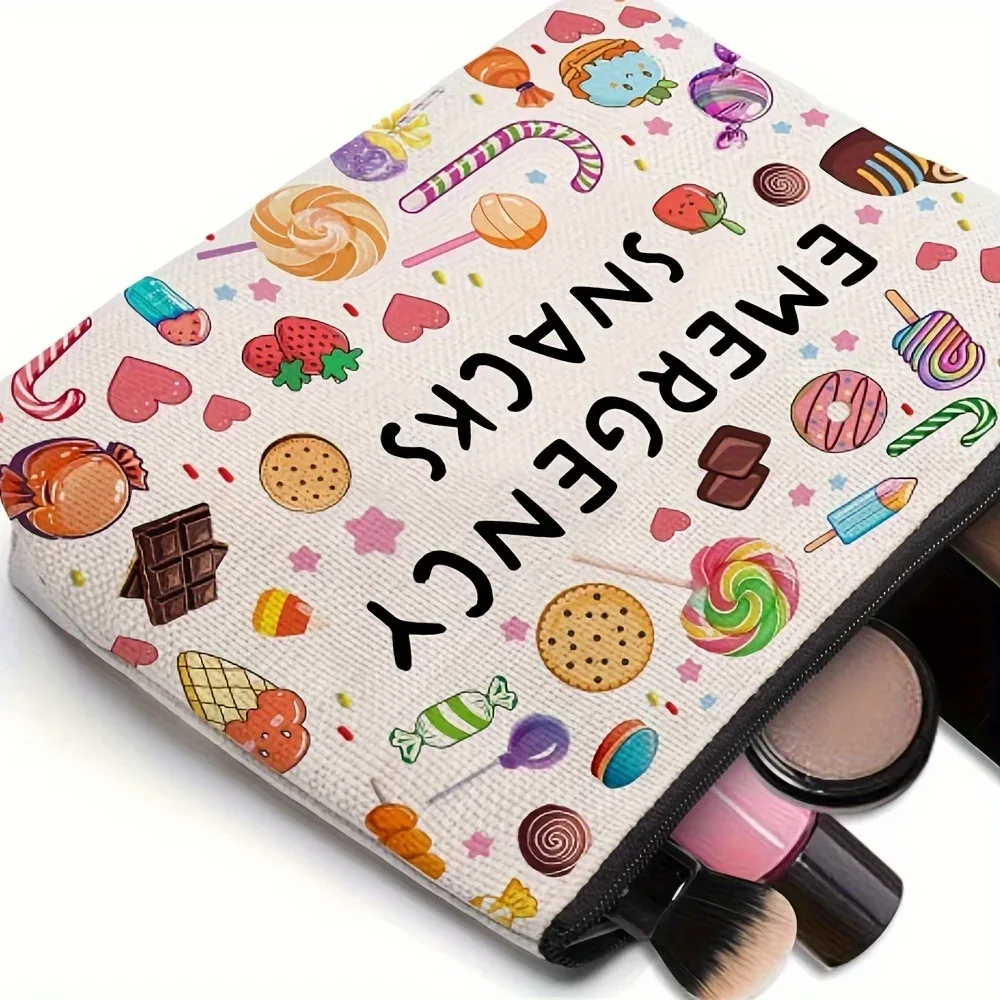 sac de maquillage pour collations d'urgence, conception amusante de friandises, pochette de voyage légère pour femmes, organisateur cosmétique compact, fermeture à glissière