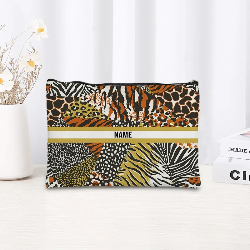 trousse de maquillage à motif léopard et tigre, trousse de toilette cosmétique essentielle pour les voyages, cadeau d'anniversaire ou de vacances avec nom personnalisé, trousse de maquillage