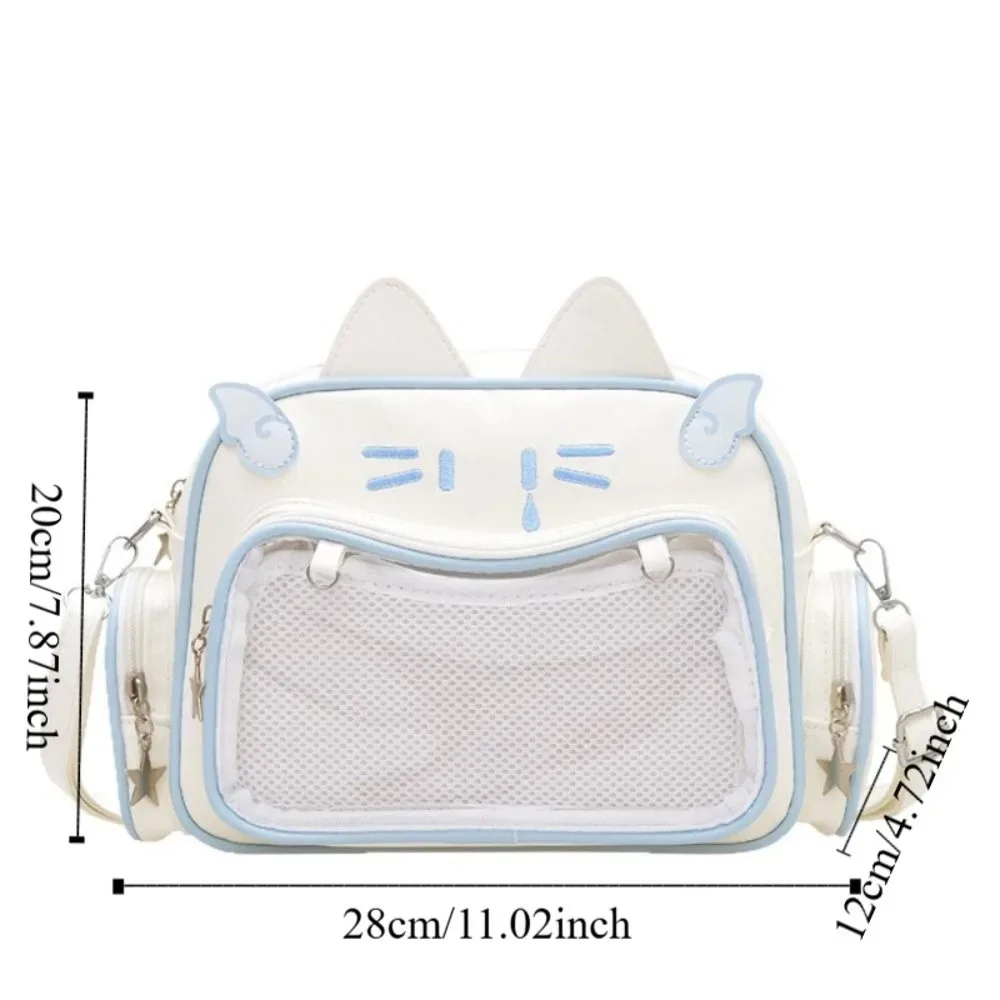sac fourre-tout créatif en cuir pu avec poche transparente pour badges, style preppy, motif chat mignon, pour enfants