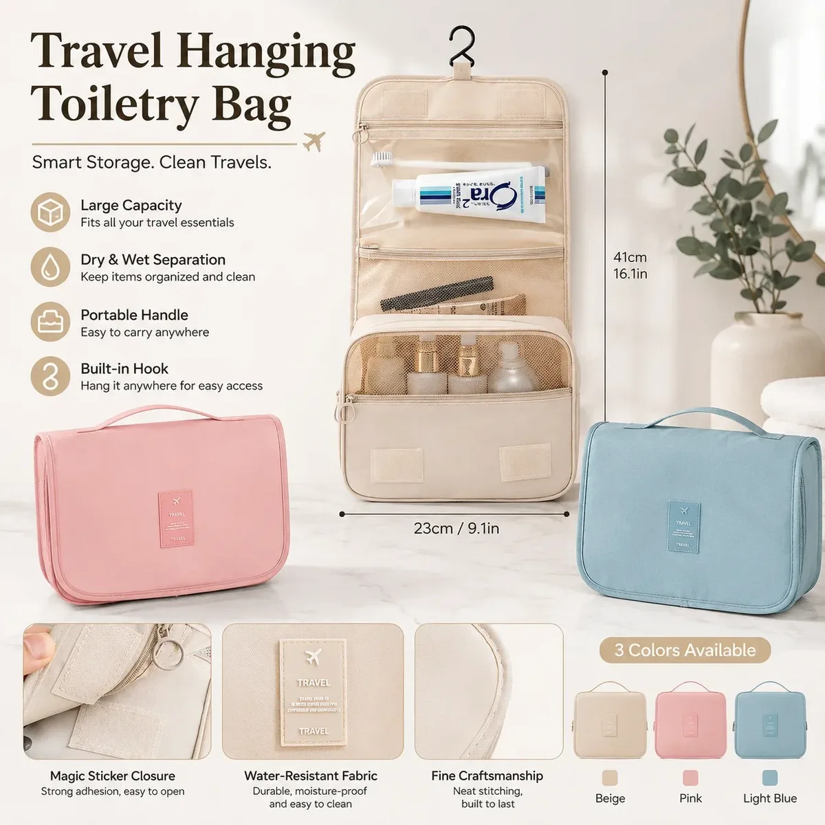 Trousse de Toilette de Voyage Portable Grande Capacité avec Compartiment Humide/Sèche pour Cosmétiques – Vente en Gros
