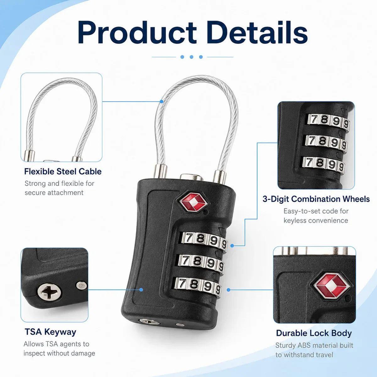 cadenas de voyage tsa à combinaison réinitialisable pour valises, sacs à dos, casiers de gym et étuis