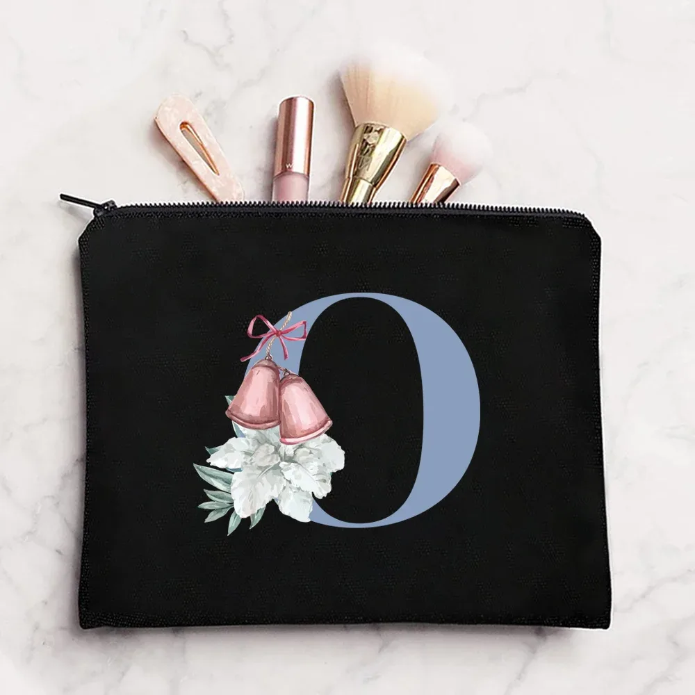 sac à cosmétiques en tissu pour femmes, pochette de maquillage, sac de voyage, rouge à lèvres, étuis de rangement, pochette à fermeture éclair, porte-monnaie de téléphone, initiales bleues imprimées