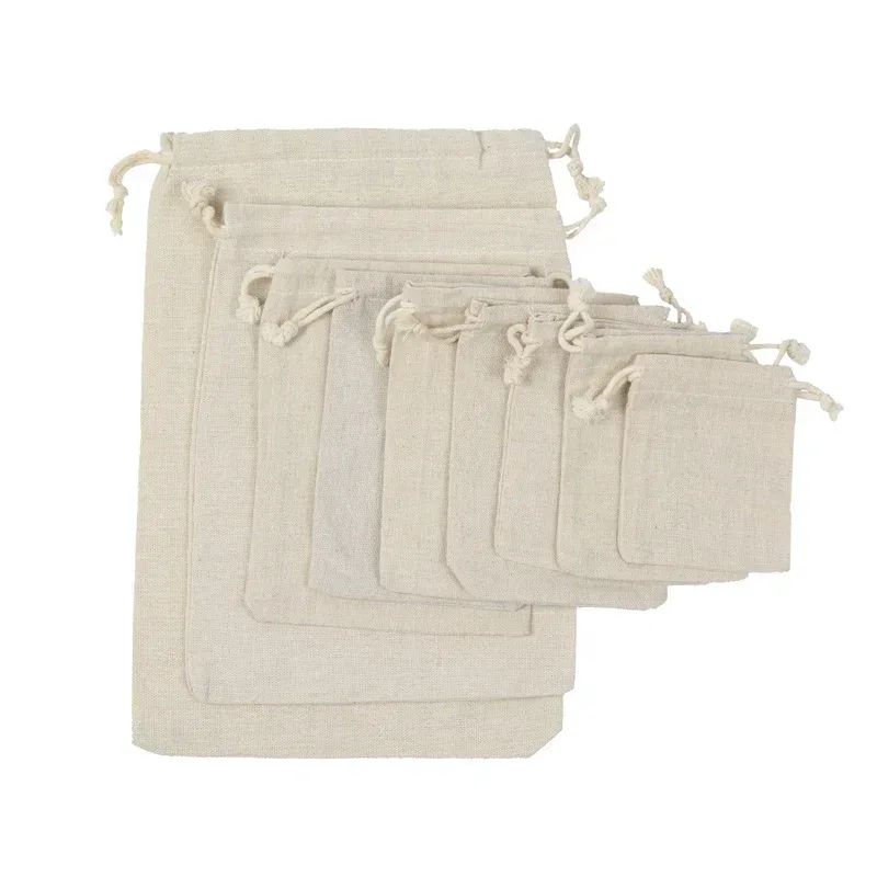 sacs de rangement de voyage en coton et lin à cordon de serrage, plusieurs tailles, pochette beige pour pièces de monnaie, cartes d'identité, cartes de crédit, cadeaux, sacs d'organisation de bijoux