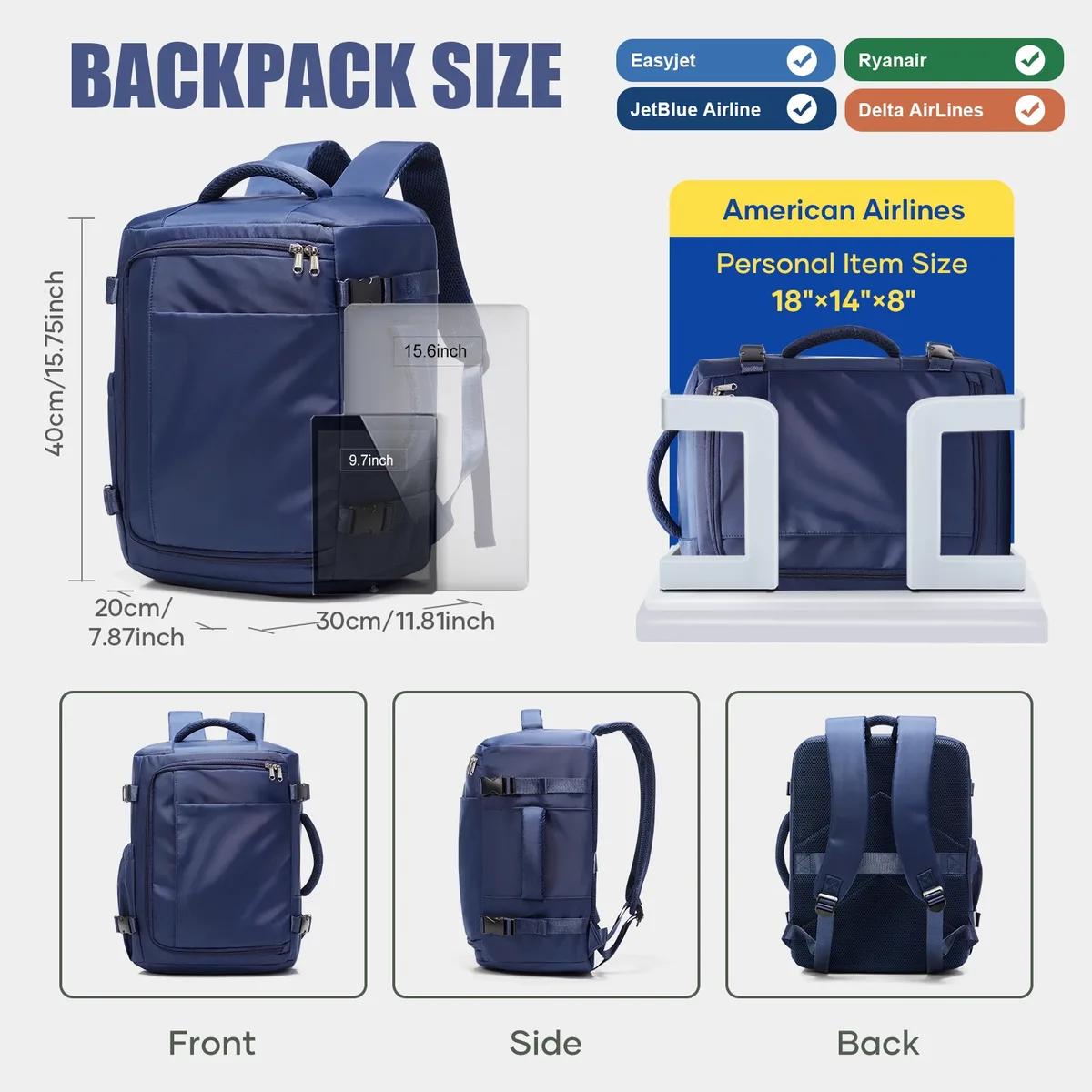 bagage cabine ryanair 40x30x20, sac sous siège, nouveau sac à dos de voyage easyjet pour hommes et femmes, sac d'école, sacoche pour ordinateur portable 15,6 pouces