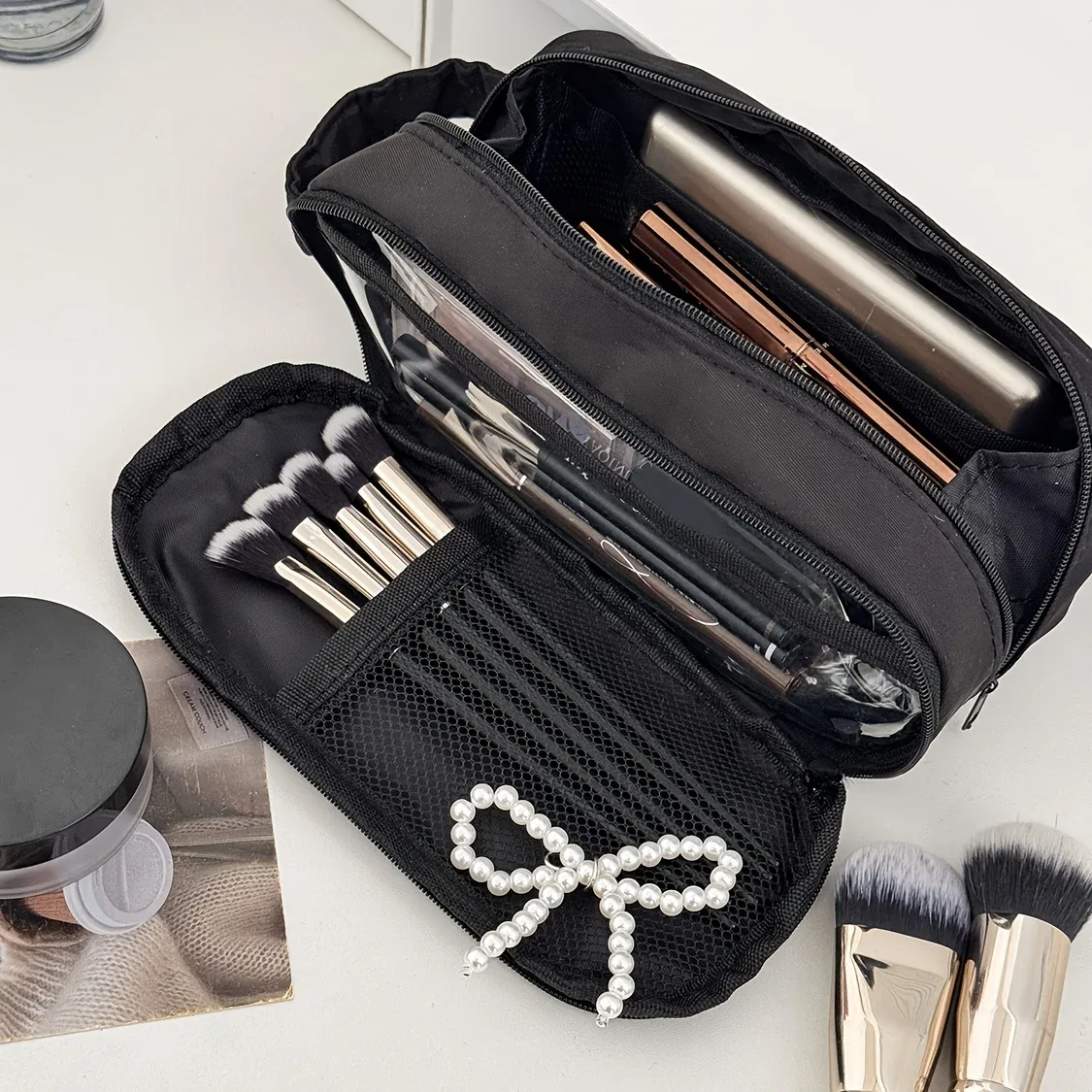 sac à cosmétiques portable, trousse de maquillage de voyage grande capacité, organiseur pour femmes, trousse de toilette pour voyager avec poignée et séparateur