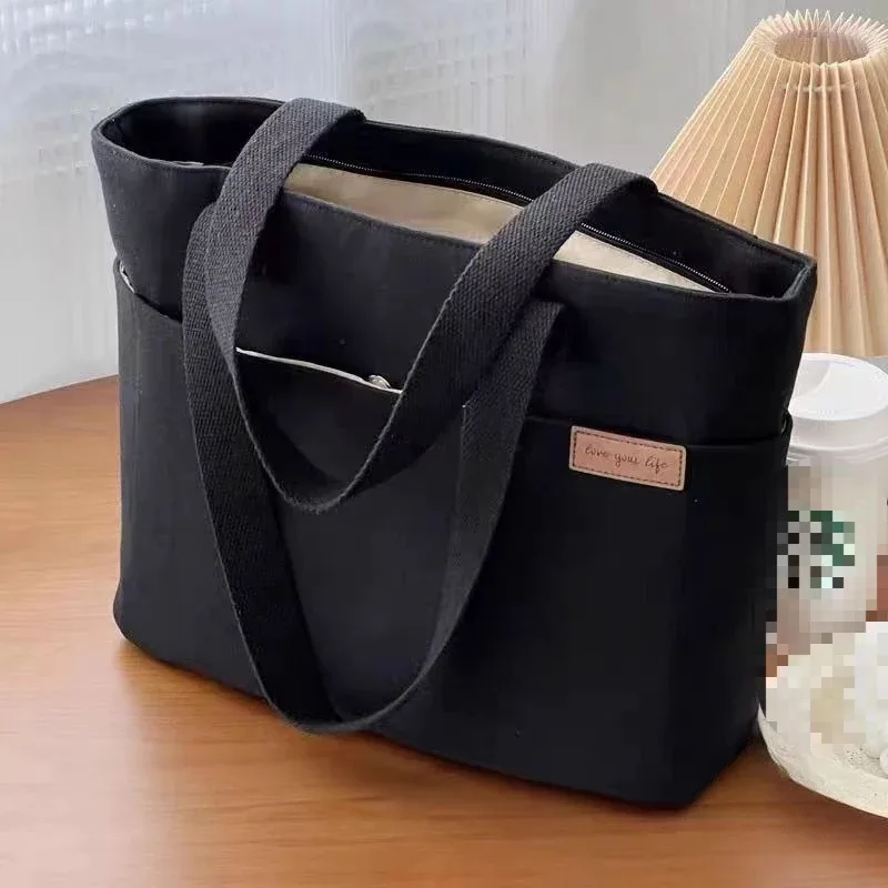 sac fourre-tout en toile pour femmes, sac de rangement à 2 couches, sac de transport de grande capacité pour étudiants, sacs à main à bandoulière portables, sac de shopping