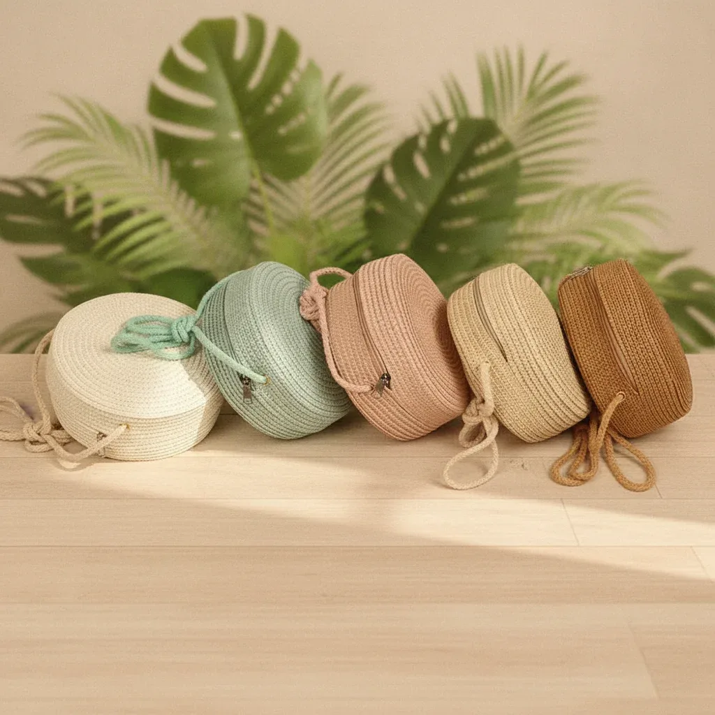 Sac à bandoulière rond en paille tressée fait main pour femmes et filles, avec pompon épais, idéal pour l'été, la plage, les voyages et le quotidien, sac de rangement tendance