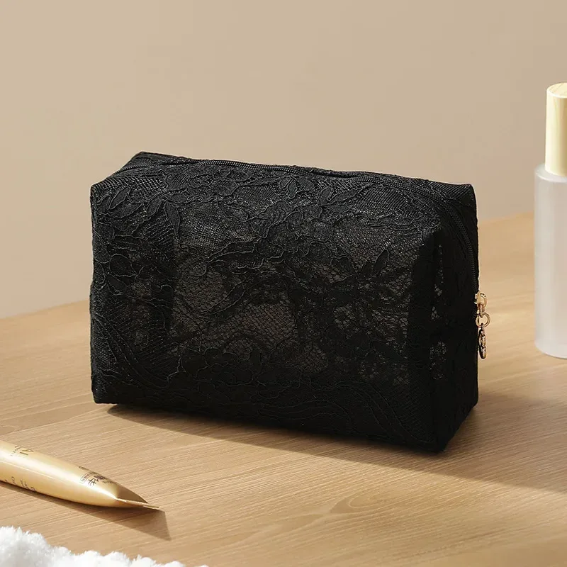 sac de maquillage en dentelle pour femmes, grande capacité, organisateur de cosmétiques et de bijoux, sac de toilette carré portable à fermeture éclair