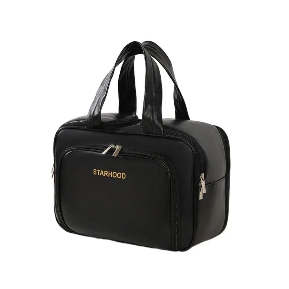trousse de toilette de voyage de grande capacité, organisateur de maquillage léger en pu, plusieurs compartiments, poignée, mallette de rangement de voyage, salle de bain