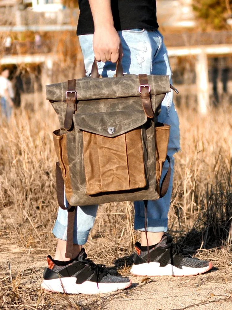 sacs à dos en toile vintage de luxe pour hommes, toile de cire d'huile, sac à dos de voyage en cuir, grands sacs de jour imperméables rétro