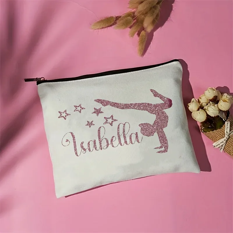 sac de maquillage personnalisé isabellasparkling pour gymnastique, design silhouette de gymnaste scintillante, pochette cosmétique à fermeture éclair, cadeau idéal pour le sport