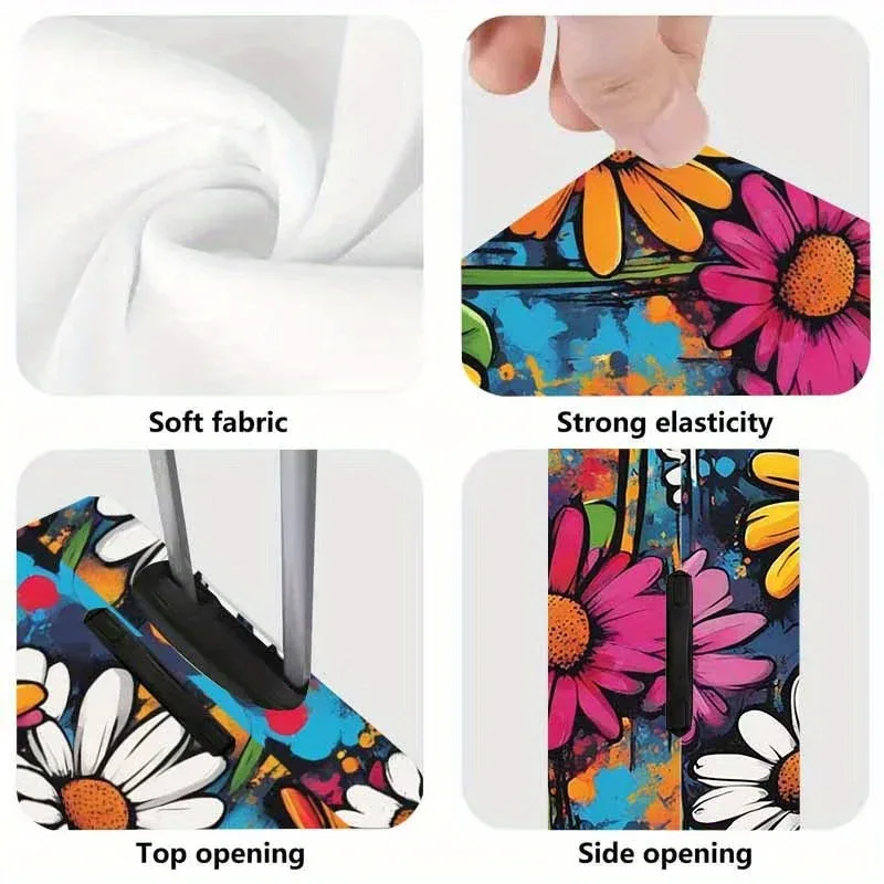 housse de bagage à motif marguerite – un accessoire de voyage anti-poussière et extensible, adapté aux valises de 18 à 32 pouces.