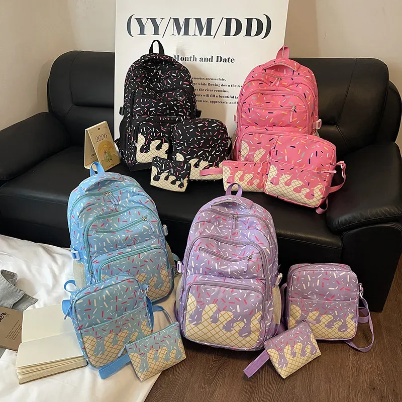 lot de 3 sacs à dos style coréen pour filles et étudiantes, série crème glacée