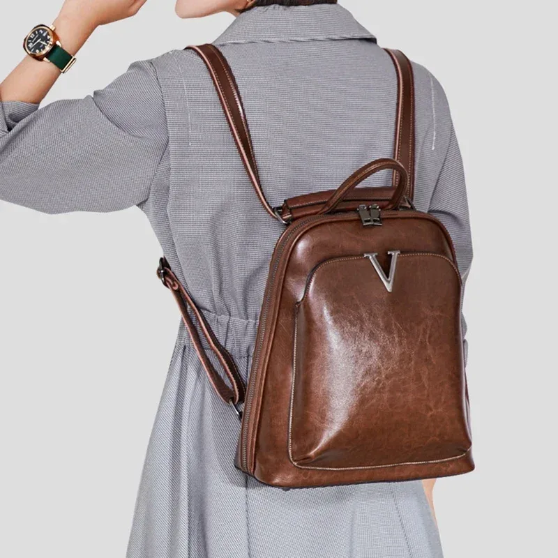 sac à dos en cuir véritable à la cire d'huile pour femmes, à bandoulière, en cuir de vache, pour l'école, de jour, rétro, à la mode