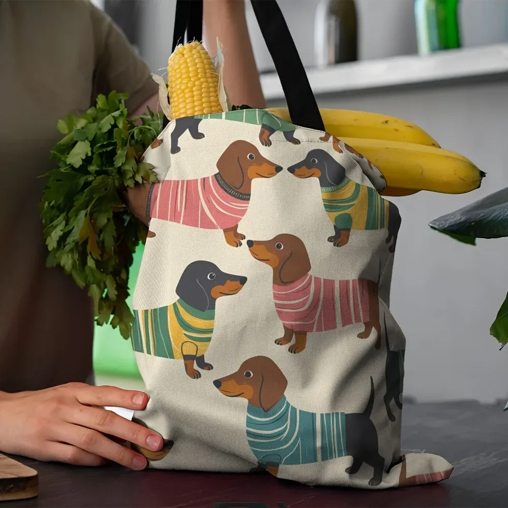 sac fourre-tout imprimé chien teckel, motif chien saucisse mignon avec visage de teckel, sac à dos durable pour les courses et le rangement