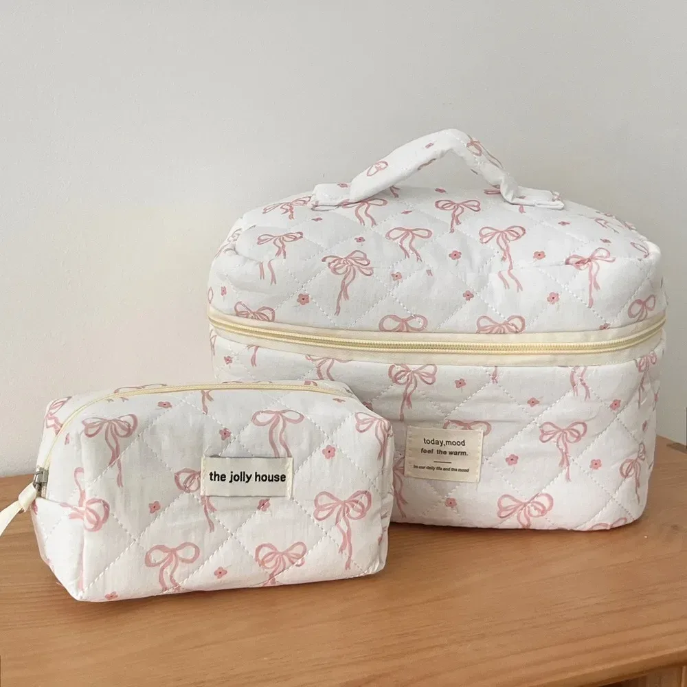 sac à cosmétiques de style coréen, sacs de rangement de voyage à fermeture éclair multi-tailles, sac matelassé de maquillage à carreaux avec nœud rose pour femmes et filles