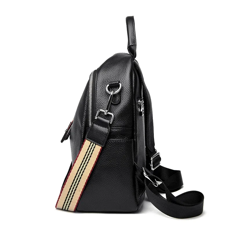sac à dos tendance en cuir de vachette première couche, sac pour femme en cuir véritable noir style multi-portage, sac à dos décontracté multi-compartiments pour trajets quotidiens
