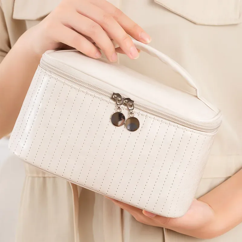 Nouvelle trousse de maquillage portable de grande capacité en cuir PU de couleur unie pour femmes, sac de toilette de voyage, organisateur de cosmétiques