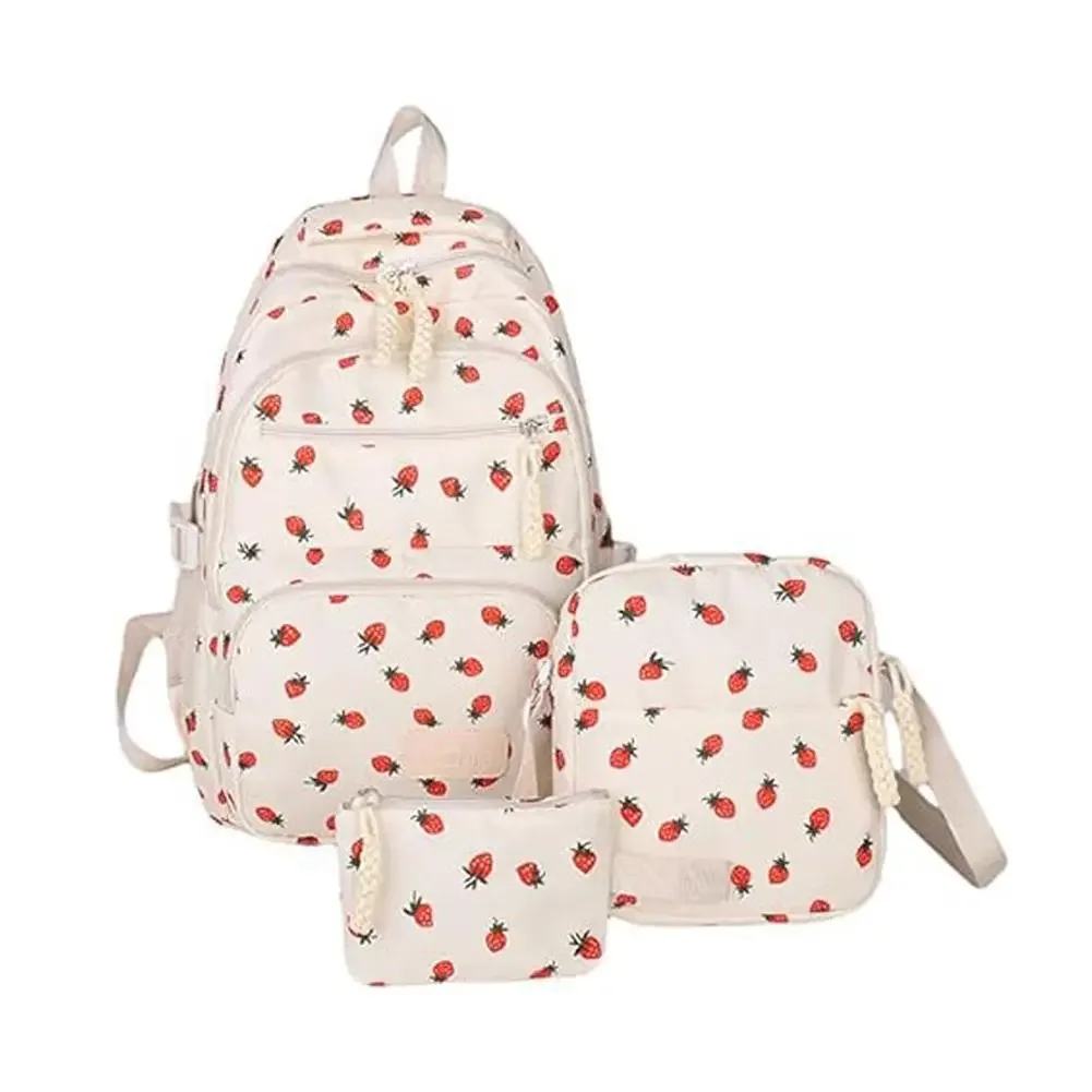 sac à dos en velours côtelé, ensemble de trois pièces, imprimé fraise, sac à dos quotidien décontracté, niche, grande capacité, sac à dos léger pour les déplacements