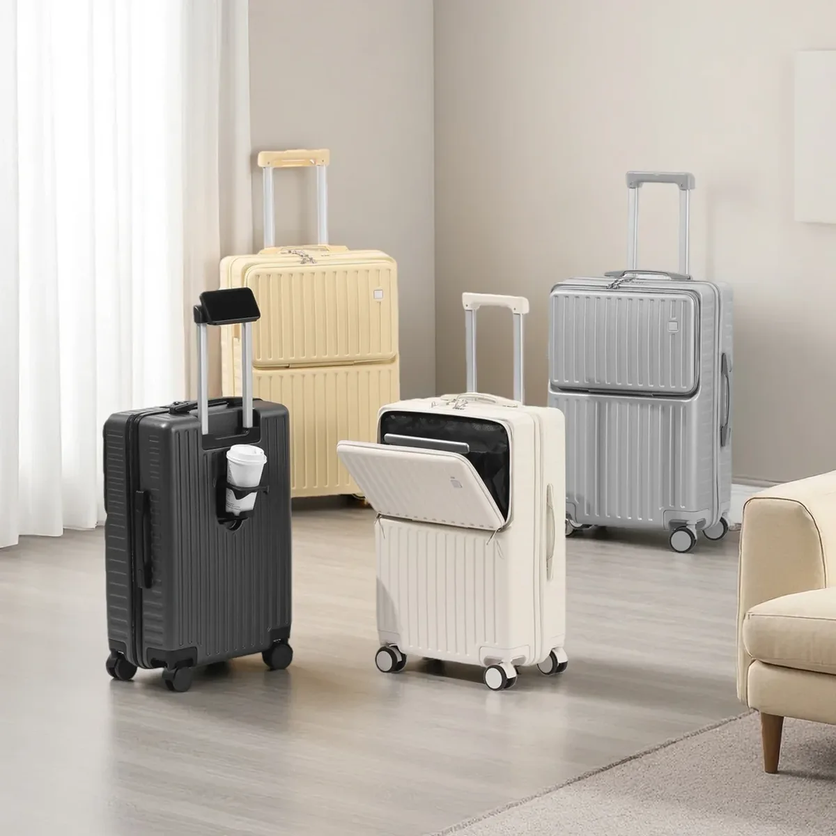 porte-bagages à main à ouverture frontale, support de téléphone caché, compartiment humide/sec, 20 pouces abs + pc, valise multifonctionnelle, porte-gobelet, crochet latéral