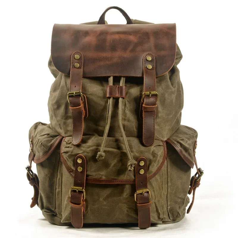 sac à dos nesitu en cuir véritable et toile cirée, pour ordinateur portable a4, coloris kaki, noir, gris, vert, pour hommes et femmes, idéal pour la randonnée et les voyages, sac de sport m6105