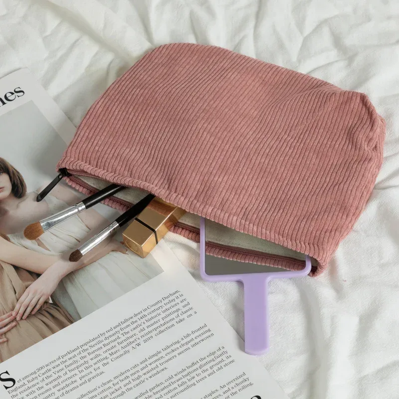 sac à cosmétiques en velours côtelé, grande capacité, organisateur de produits de toilette pour femmes, sac de maquillage à fermeture éclair, pochette de voyage, sac de rangement de cosmétiques pour filles